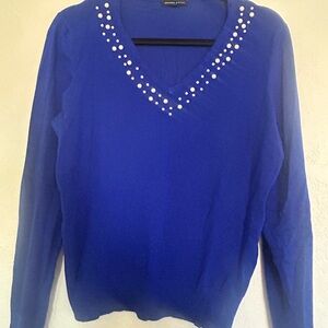 JEANNE PIERRE Blue V-Neck Sweater with Pearl Accents